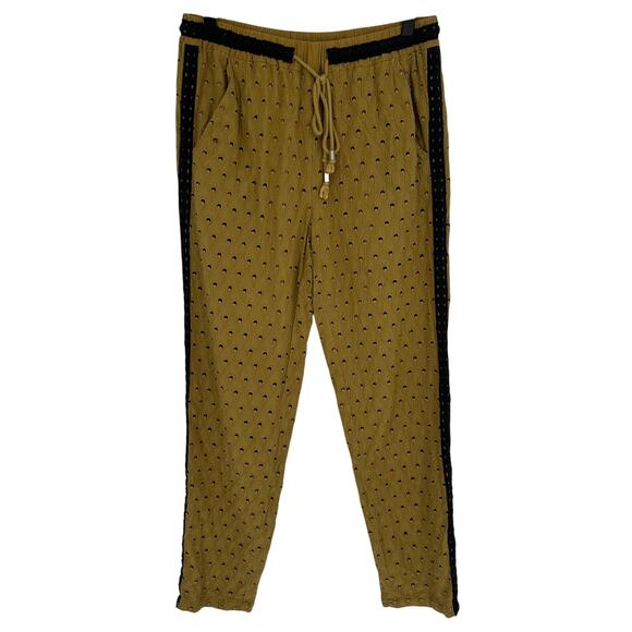 Anthropologie Cropped Pants Green Black Eyelet Fabric Elastic Waist Bohemian XS - Picture 1 of 10